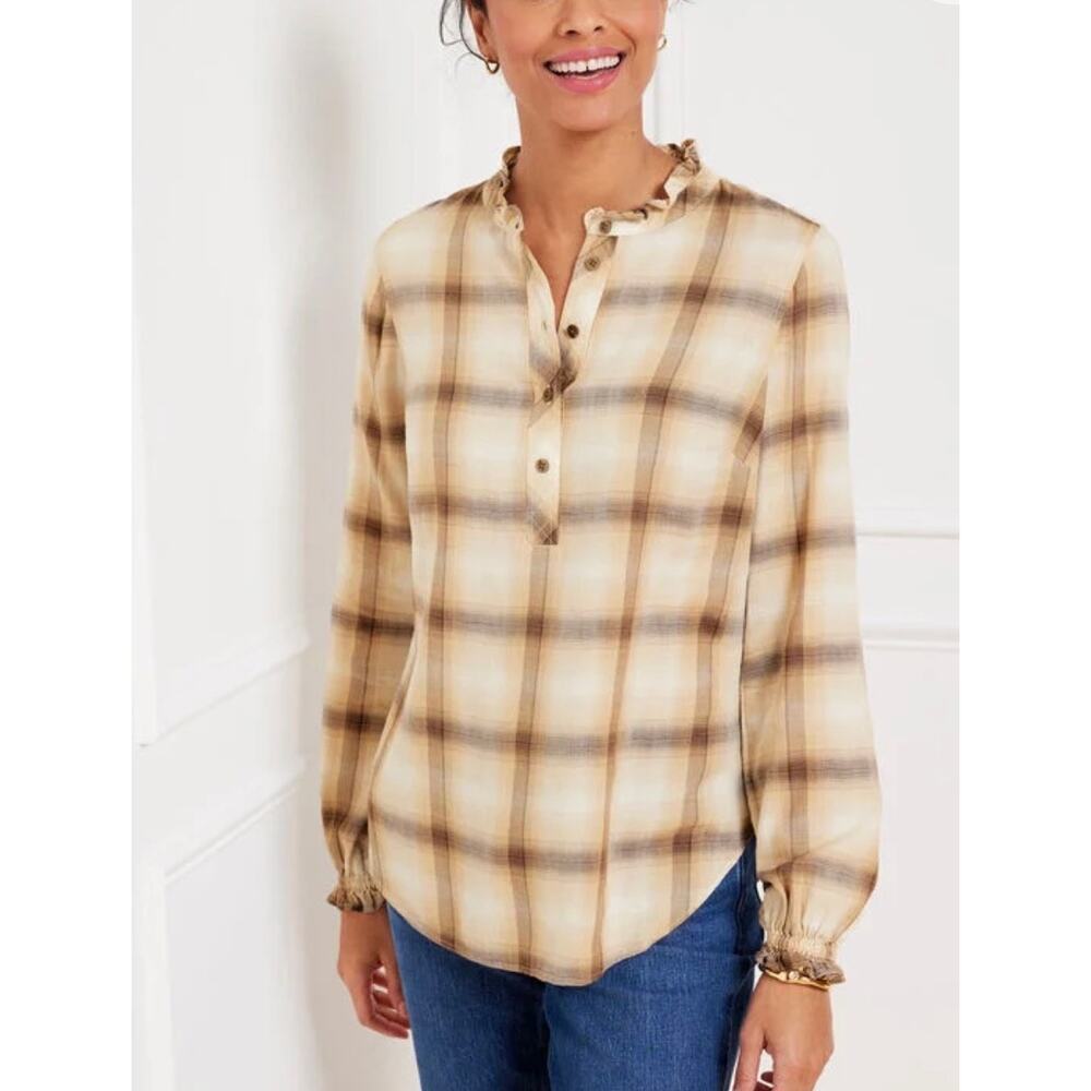 NWT Ruffle Trim Popover Sunrise Plaid Shirt Medium Petite New